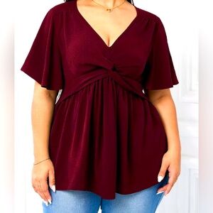 NEW Women’s Plus Size 1X Twist Knot Front Flowy Blouse v-neck Babydoll Flutter